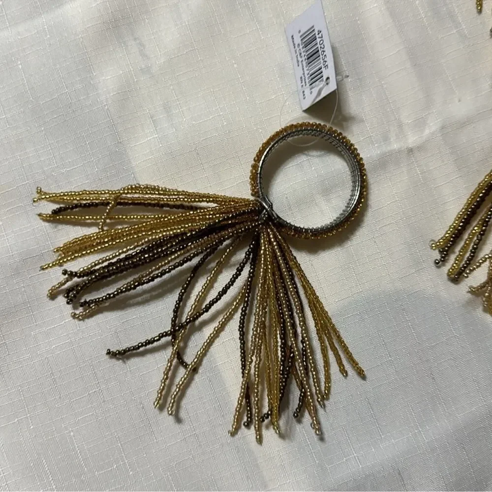 C&F Home Gold Set of 8 Tone Brown Shades Beaded Tasseled Dinner Napkin Rings